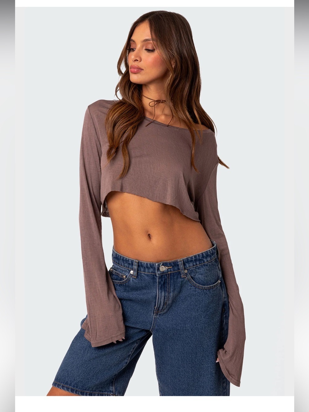 NWT Edikted Sheer Raw Hem Crop Top Size Small in Brown